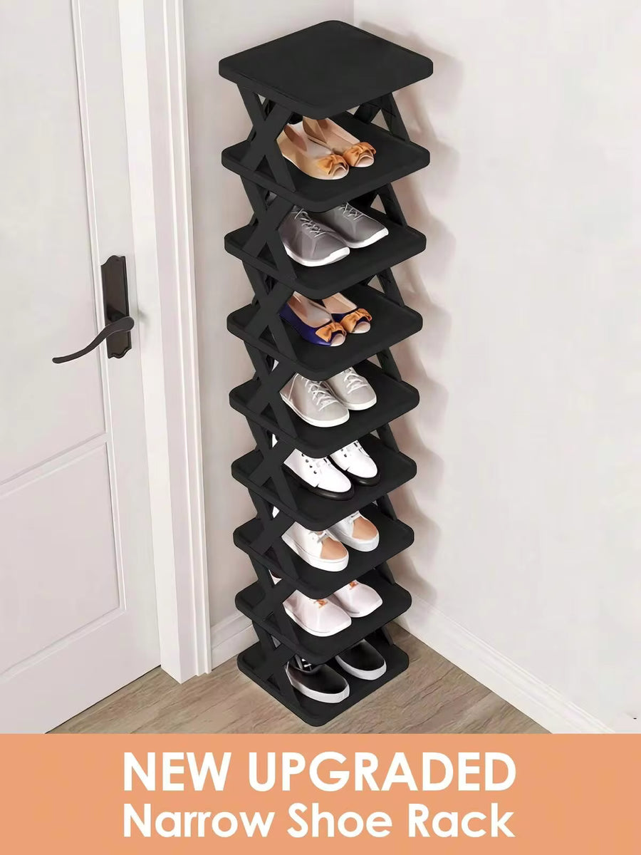 9/6 Tier Vertical Shoe Stand Space Saving Narrow Shoe Rack, Small Shoe Shelf, DIY Free Standing Shoes Storage Organizer For Entryway, Closet, Hallway, Easy Assembly And Stable In Structure, Black Shoe Rack, Plastic Material, Black Plastic Shoe Rack